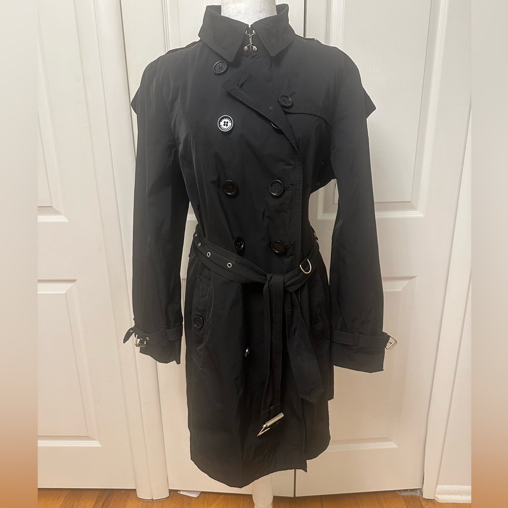 Women’s Burberry Brit Double Breasted Trench Coat Sz 14 removable hood few flaws